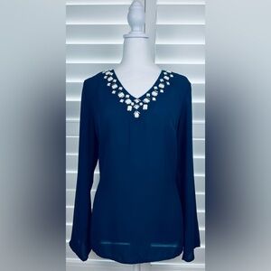 Roz & Ali Sz. M Navy Blue Blouse With Statement Beads